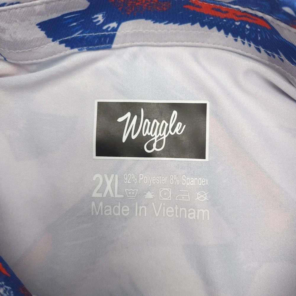 Waggle Polo Shirt Mens 2XL White‎ Blue Red Eagle Print Golf Performance Stretch - Picture 4 of 9